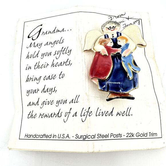 2”x1.5” Art To Wear 1998 22K Gold Trim Grandma Grandkids Handmade Brooch - Picture 3 of 5